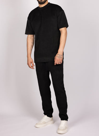 Ribbed Texture T-Shirt & Jogger Set in Black