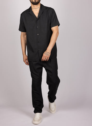 Short Sleeve Shirt & Drawstring Pants Set Black