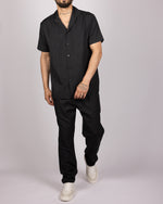 Short Sleeve Shirt & Drawstring Pants Set Black