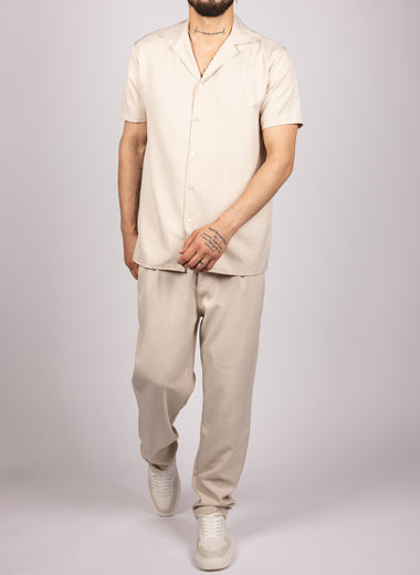 Short Sleeve Shirt & Drawstring Pants Set Beige