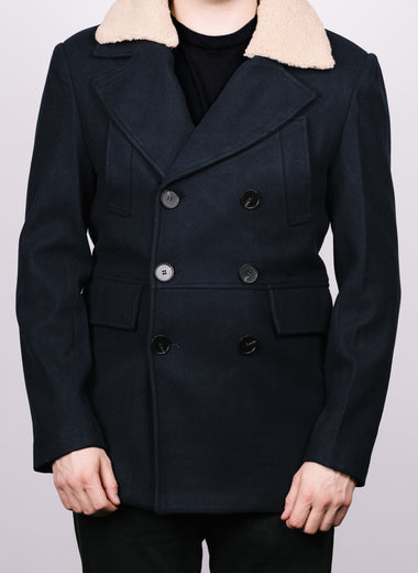 Navy Double Breasted Borg Collar Peacoat