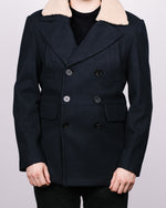 Navy Double Breasted Borg Collar Peacoat