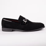 Black Suede Loafer with Patent Buckle