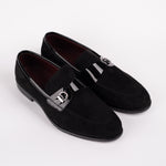 Black Suede Loafer with Patent Buckle