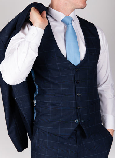 Edinson - Navy Sky Check Single Breasted Waistcoat