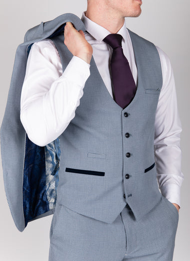 Bromley - Sky Blue Single Breasted Check Waistcoat