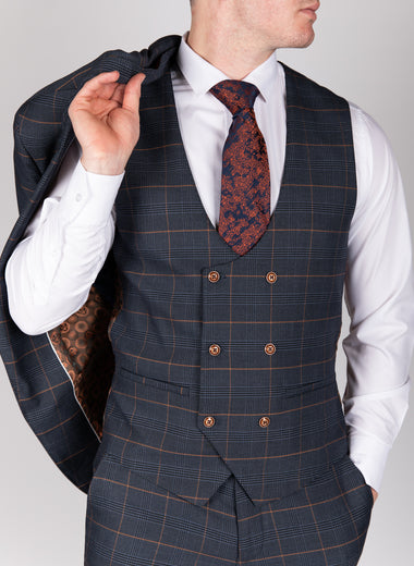 Jenson - Marine Navy Check Double Breasted Waistcoat