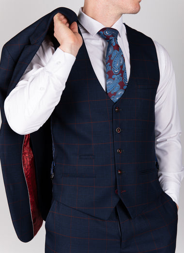 Edinson - Navy Wine Check Single Breasted Waistcoat