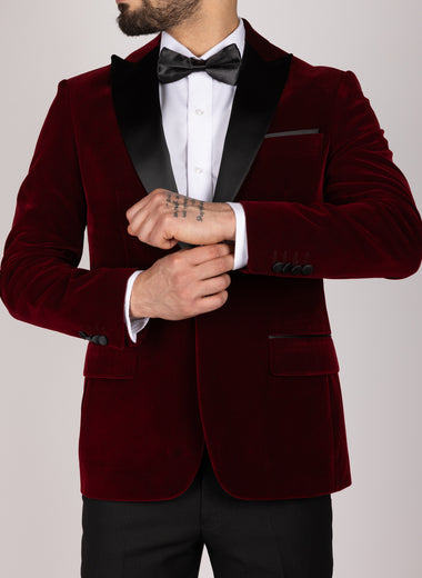 Wine Milano Couture Velvet Peak-Lapel Blazer