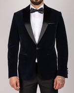 Navy Milano Couture Velvet Peak-Lapel Blazer