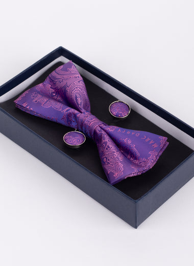 Marc Darcy Paisley - Purple Bow Tie & Pocket Square Set