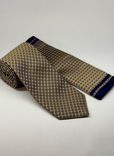 Milano Couture Gold/Navy Mini Floral Pattern Tie & Pocket Square Set