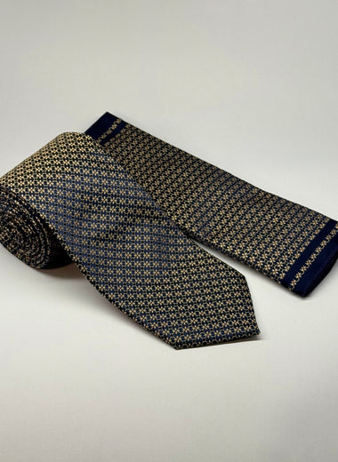 Milano Couture Navy/Gold Mini Floral Pattern Tie & Pocket Square Set