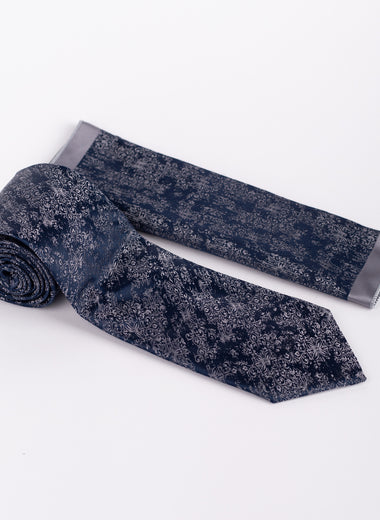 Milano Couture Navy/Grey Floral Tie & Pocket Square Set