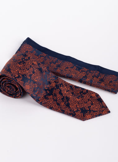 Milano Couture Navy/Orange Floral Tie & Pocket Square Set