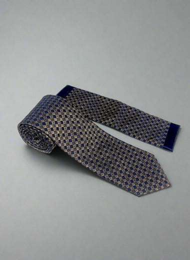 Milano Couture Navy/Gold Check Tie & Pocket Square Set