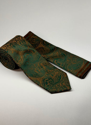 Milano Couture Olive/Brown Paisley Pattern Tie & Pocket Square Set