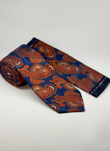 Milano Couture Orange Blue Paisley Tie & Pocket Square Set