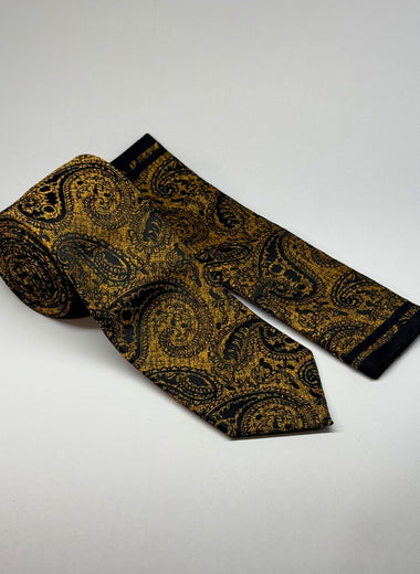 Milano Couture Gold/Black Paisley Pattern Tie & Pocket Square Set