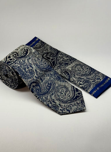 Milano Couture Grey/Navy Paisley Pattern Tie & Pocket Square Set