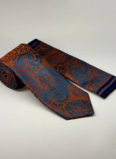 Milano Couture Orange/Navy Paisley Pattern Tie & Pocket Square Set