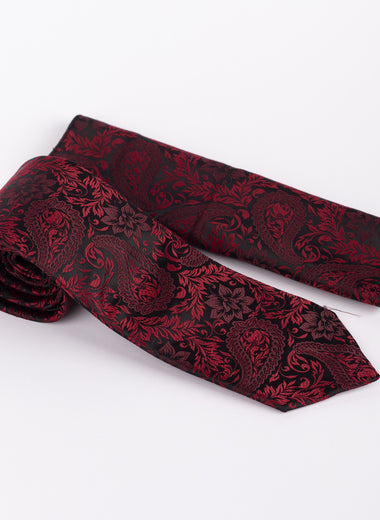 Milano Couture Red/Black Paisley Tie & Pocket Square Set