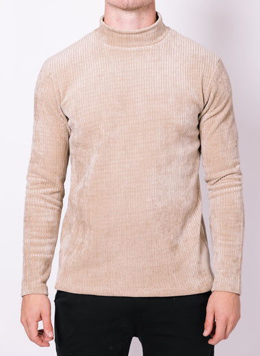 Beige Ribbed Mock Neck Sweater