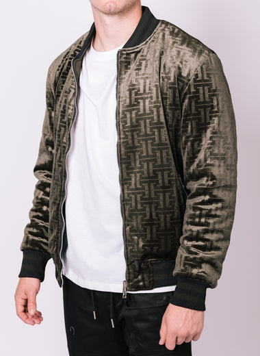 Khaki Patterned Velour Bomber